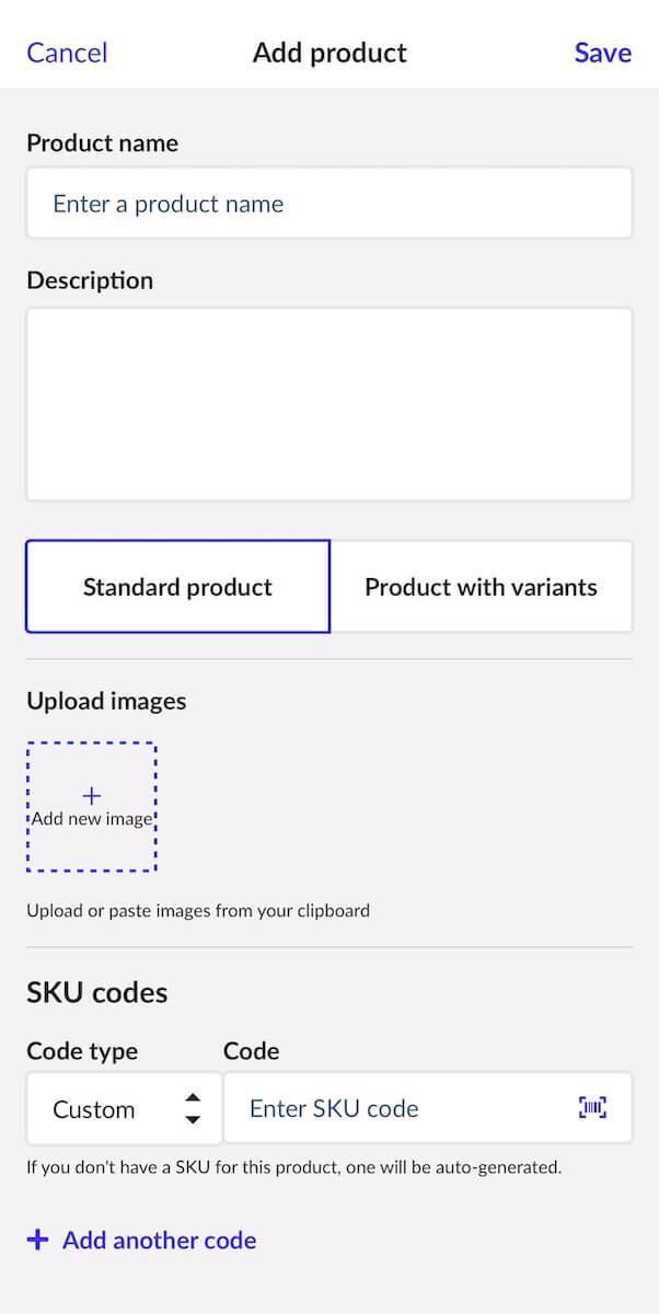 Add product page showing Product name, Description, product type, Upload images, and SKU codes sections.