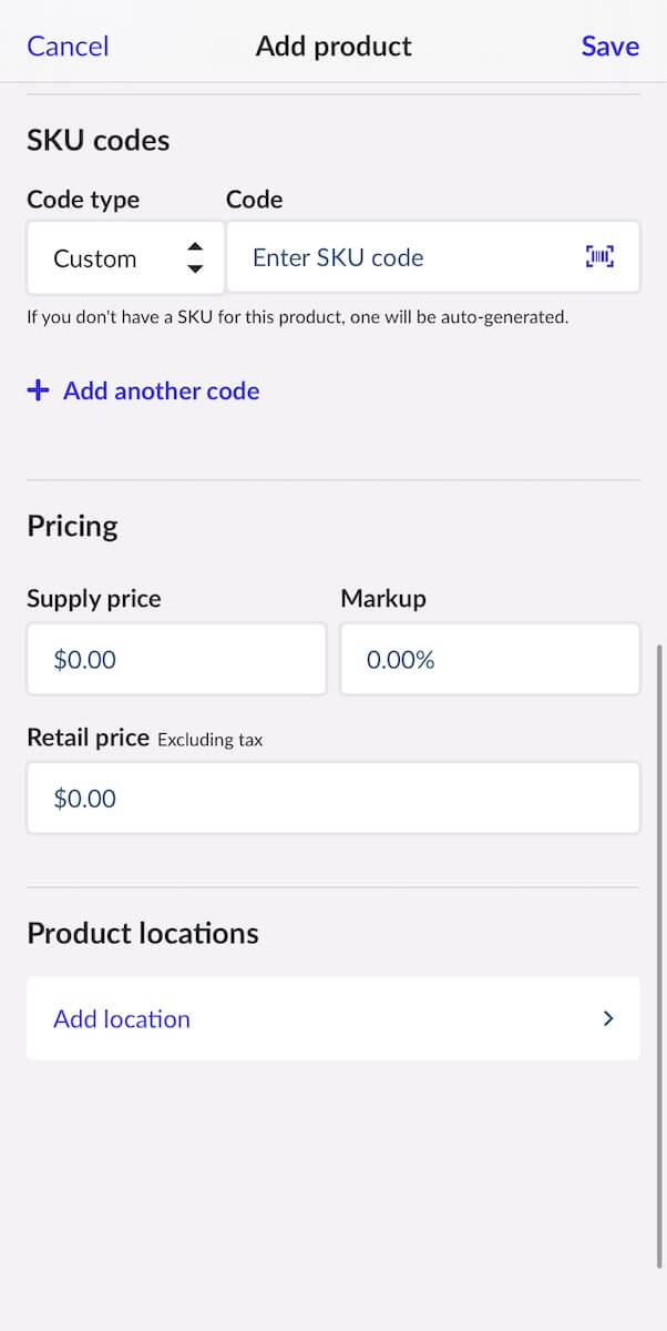 Add product page showing Pricing and Product locations sections.