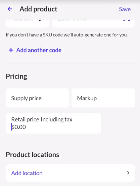 Add product page showing Pricing and Product locations sections.