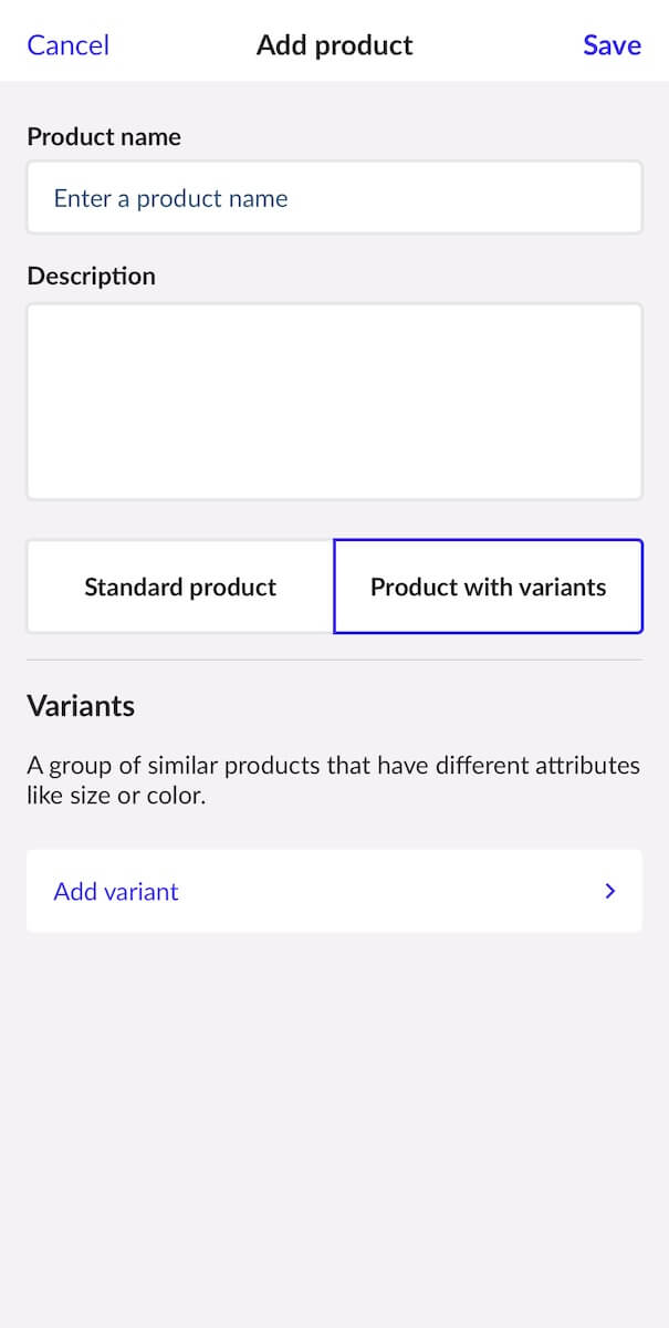 Add product screen with Product with variants selected.