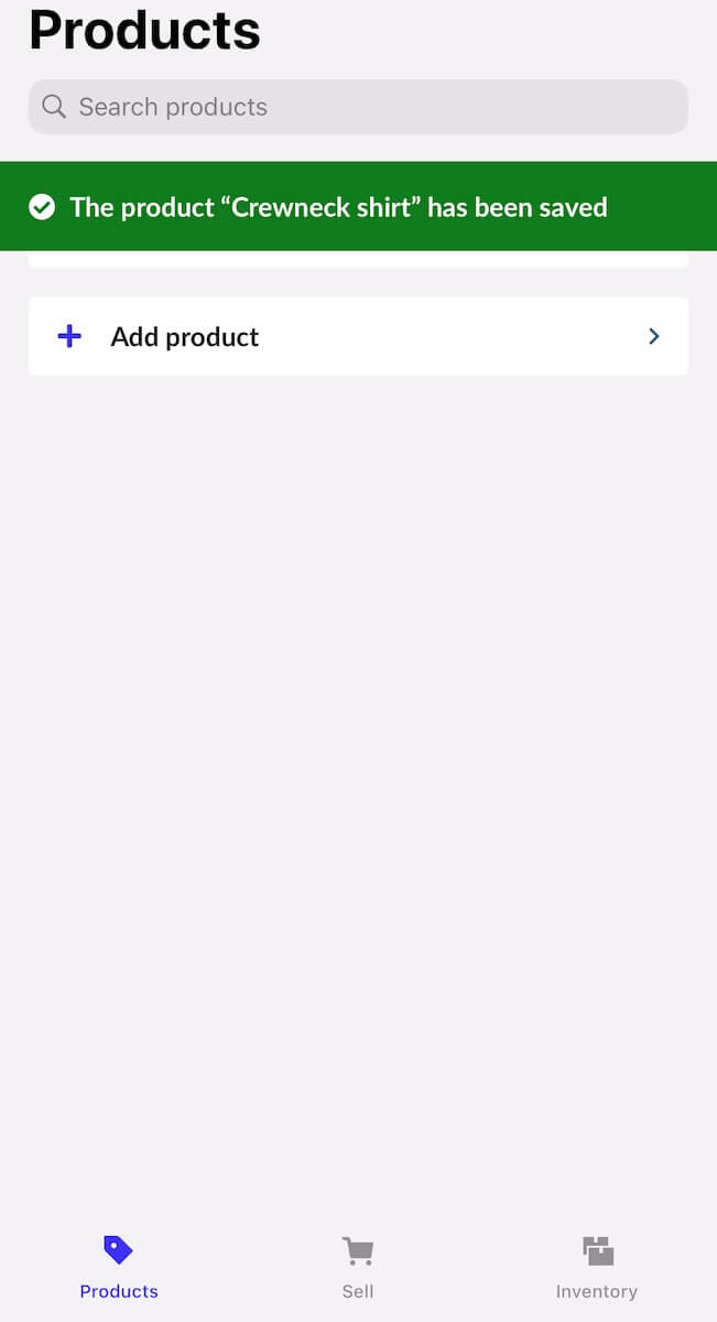 Temporary banner stating that the product was saved.