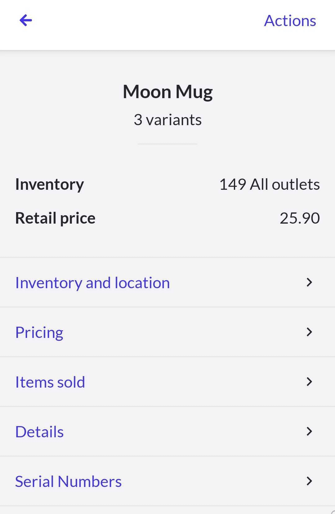 Product page with overview, Inventory and location, Pricing, Items sold, Details, and Serial Numbers.