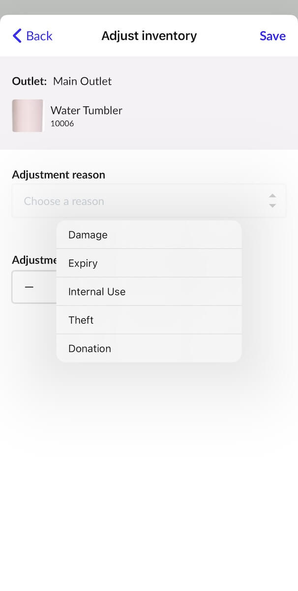 Adjustment page with Adjustment reason dropdown showing available options.