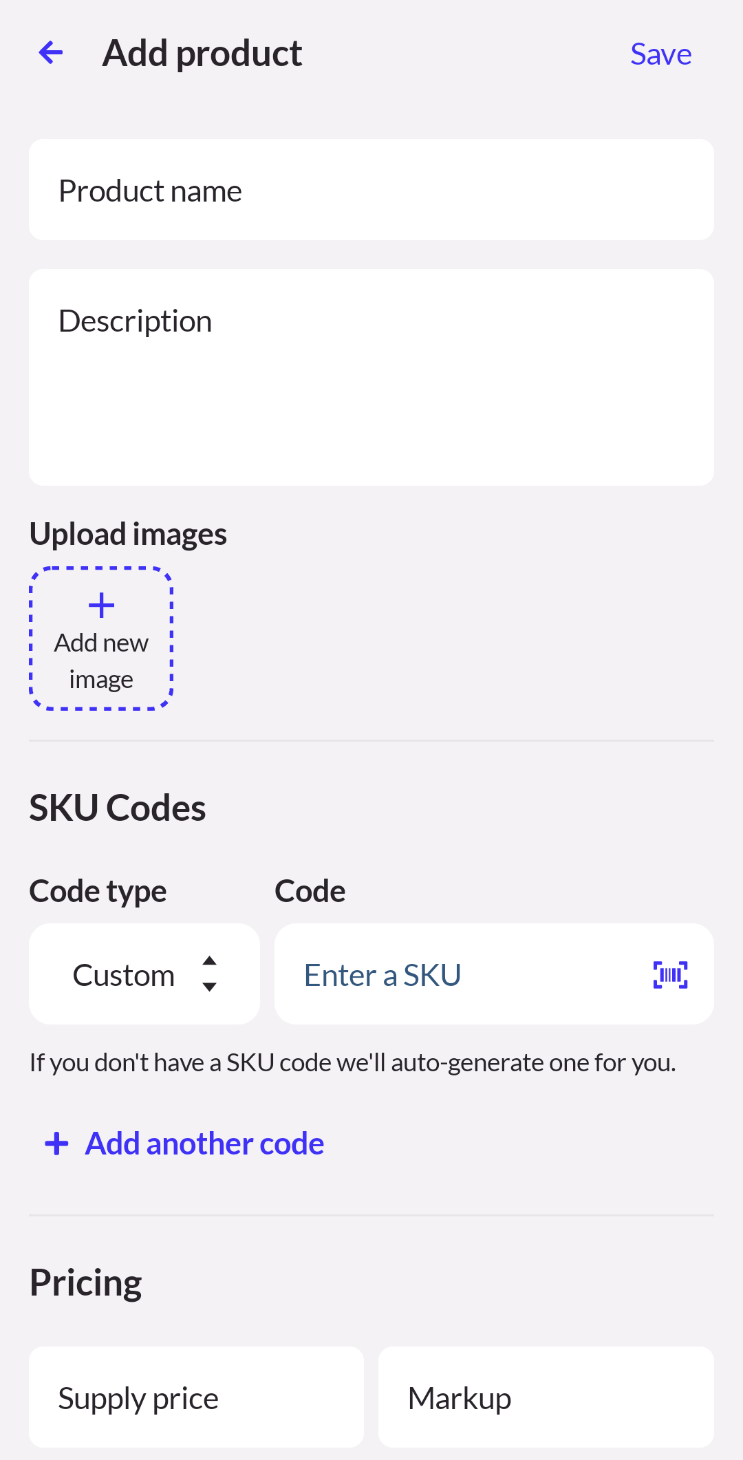 Add product page showing Product name, Description, Upload images, and SKU Codes section.