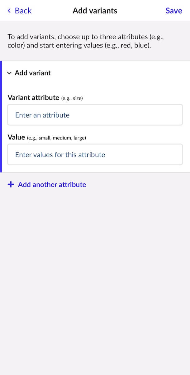Expanded variant page for the variant of Small, with options to input an SKU code, adjust pricing, Apply prices to all variants, or Delete variant.