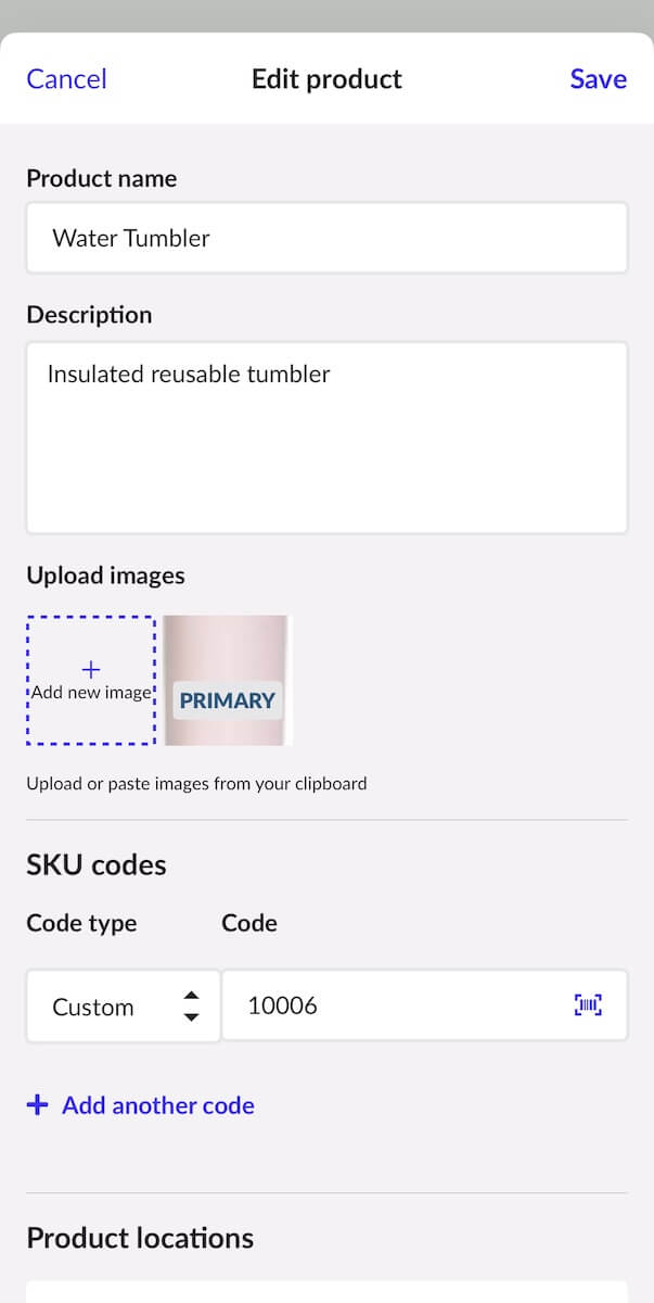Edit product page showing editable information.