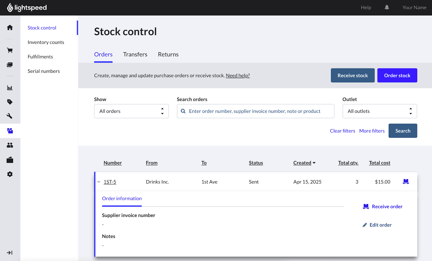 Stock control page on Retail POS with specific order selected and Receive order option visible.