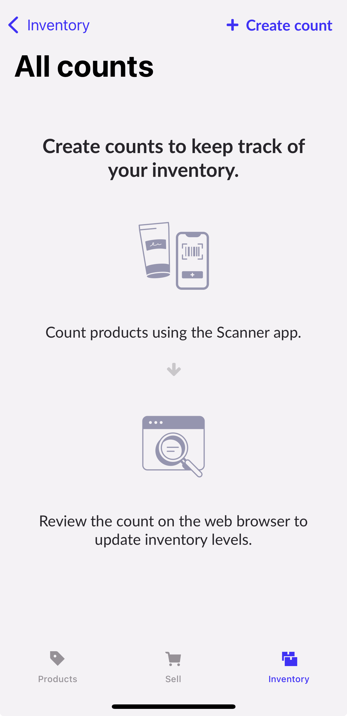 Count page showing + Create count option.