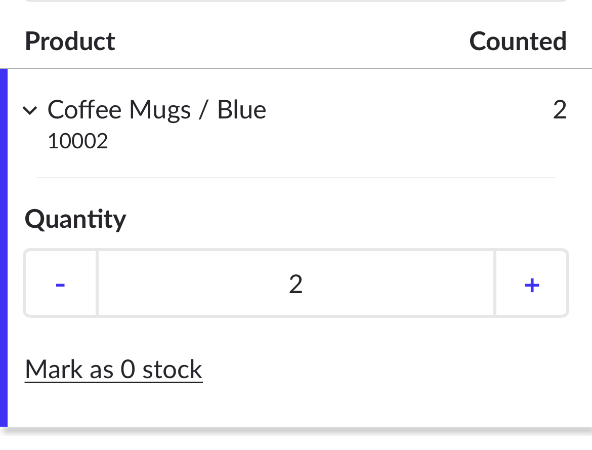 Product expanded to show Quantity field and Mark as 0 stock option.