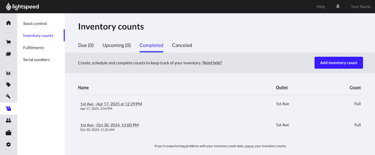 Inventory counts page on Retail POS showing the Completed tab and previously completed counts.
