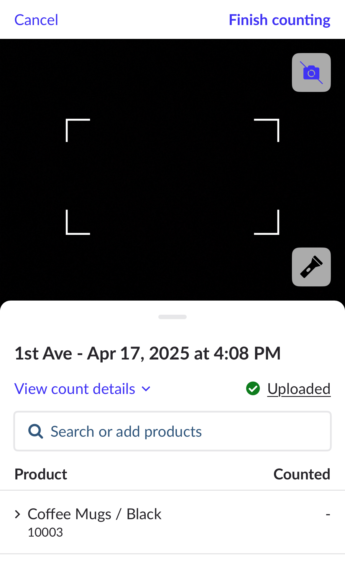 Counting page showing counted products, search field, and in-app camera.
