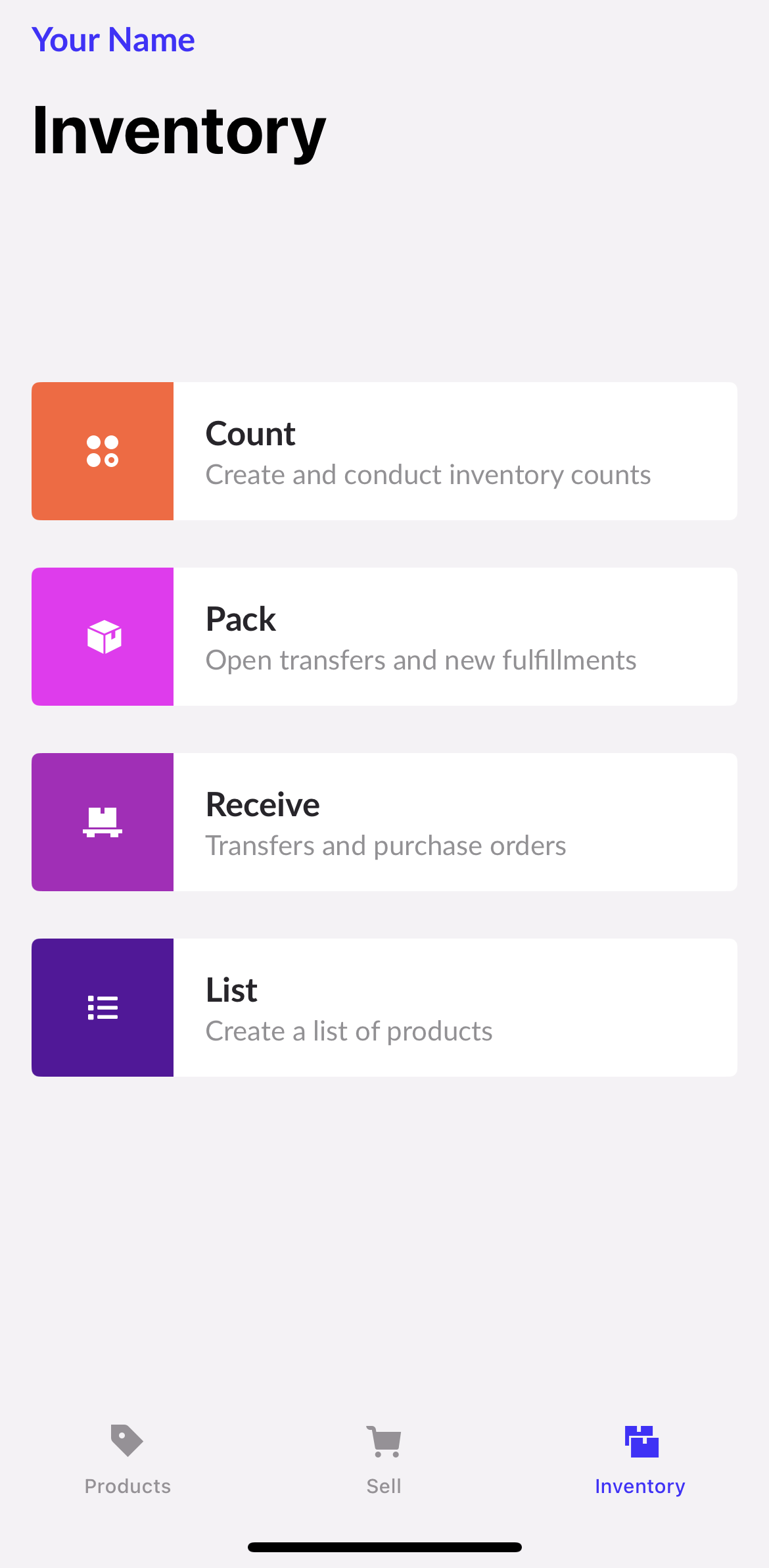 Inventory tab with options for count, pack, receive and list.