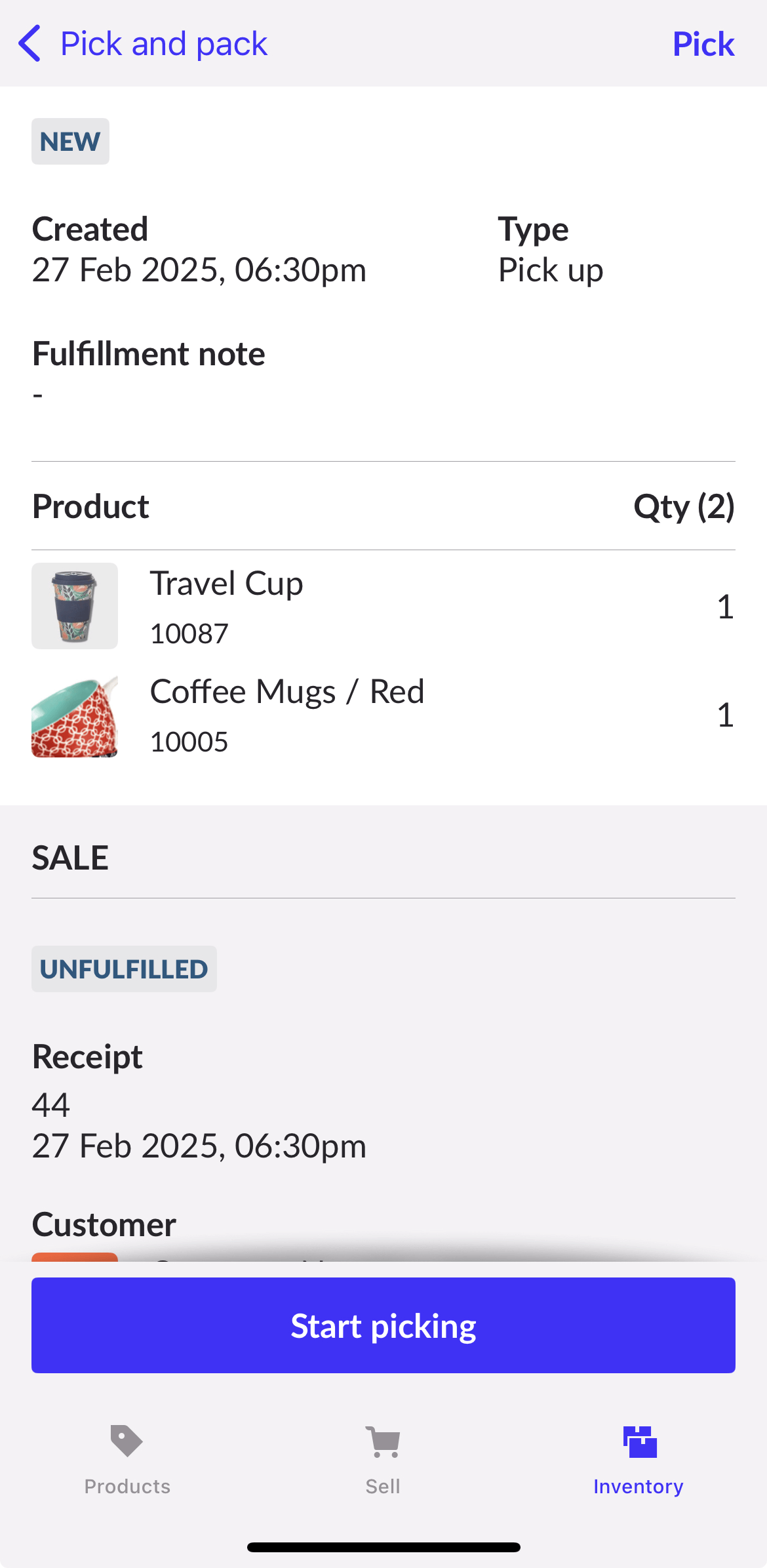 Unfulfilled order page showing order details and option to Start picking.