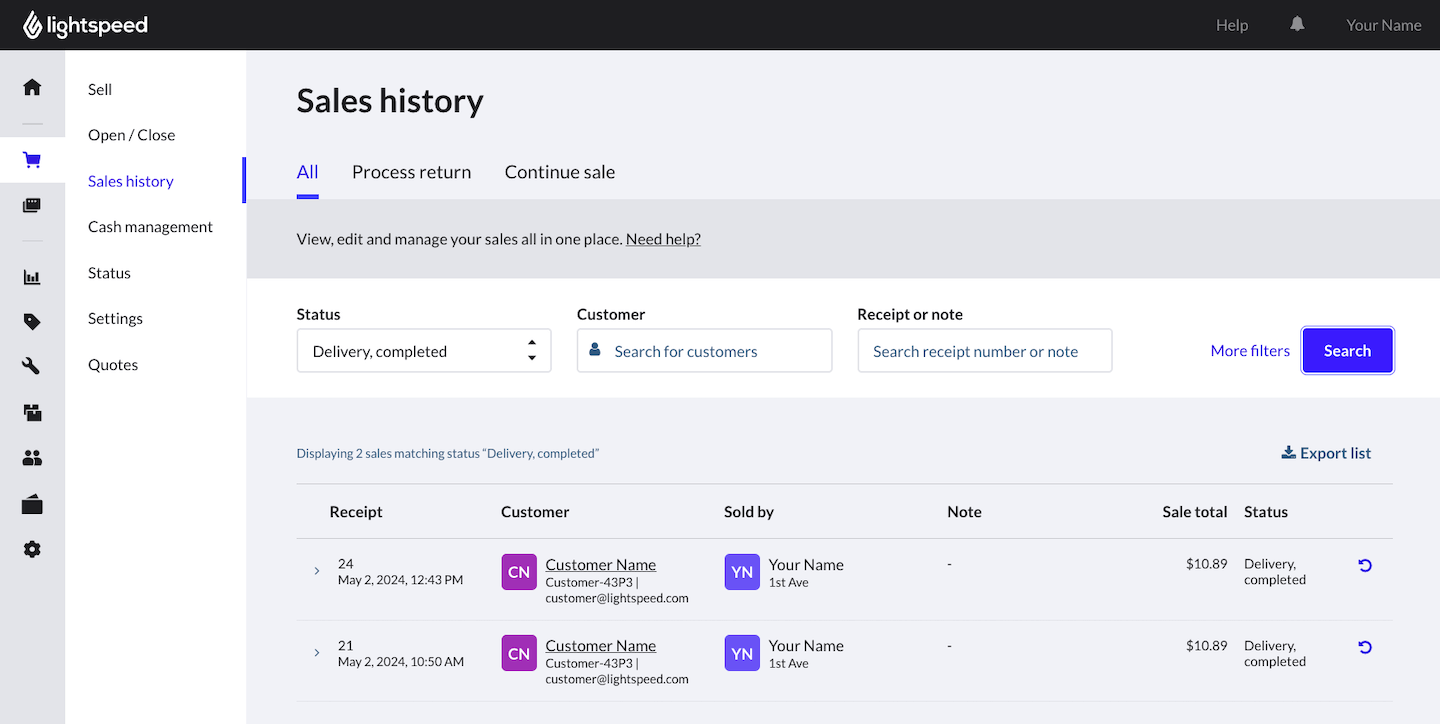 Retail POS Sales history page showing previously completed Delivery orders.