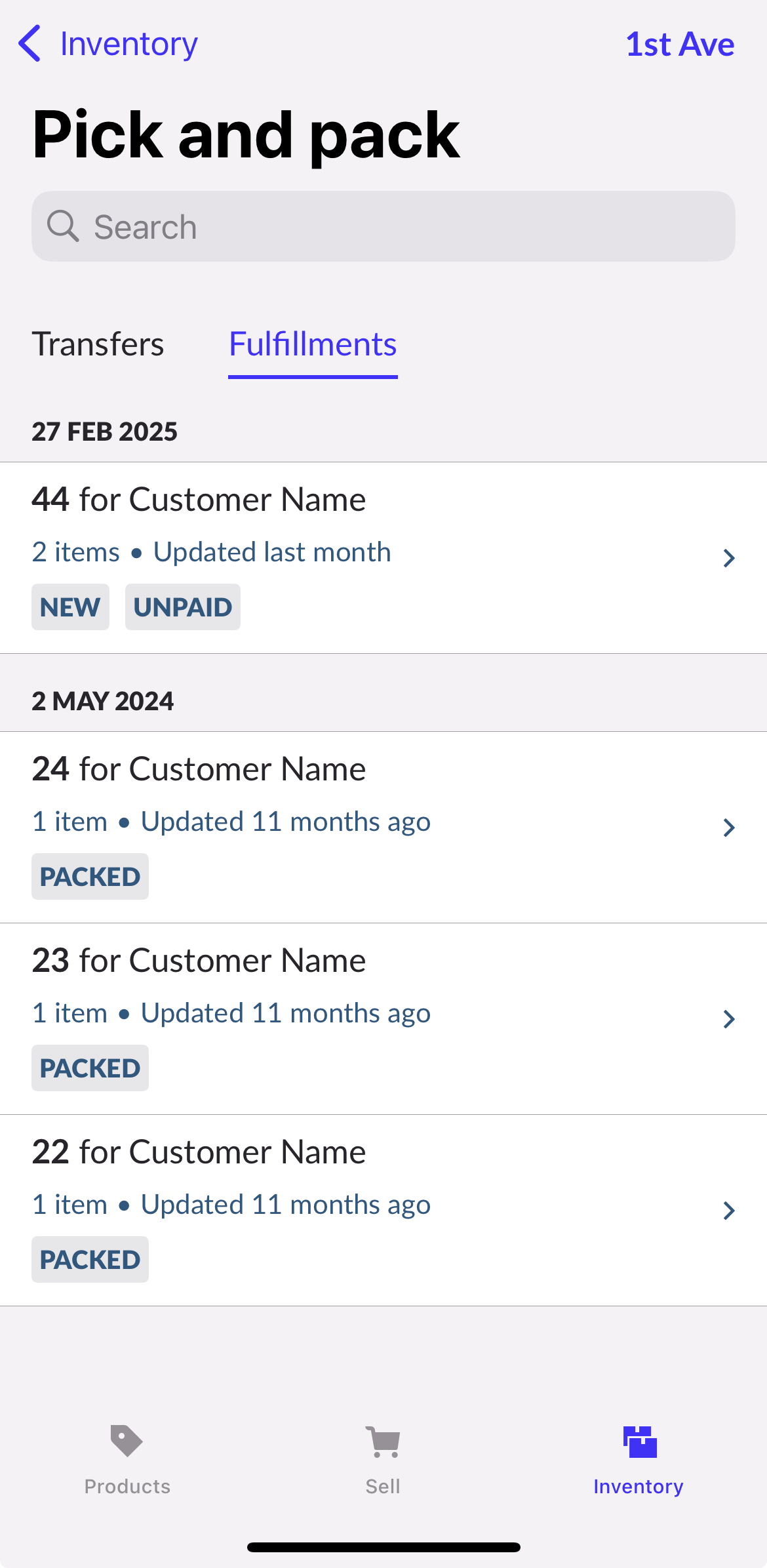 Fulfillments tab showing all unfulfilled orders.