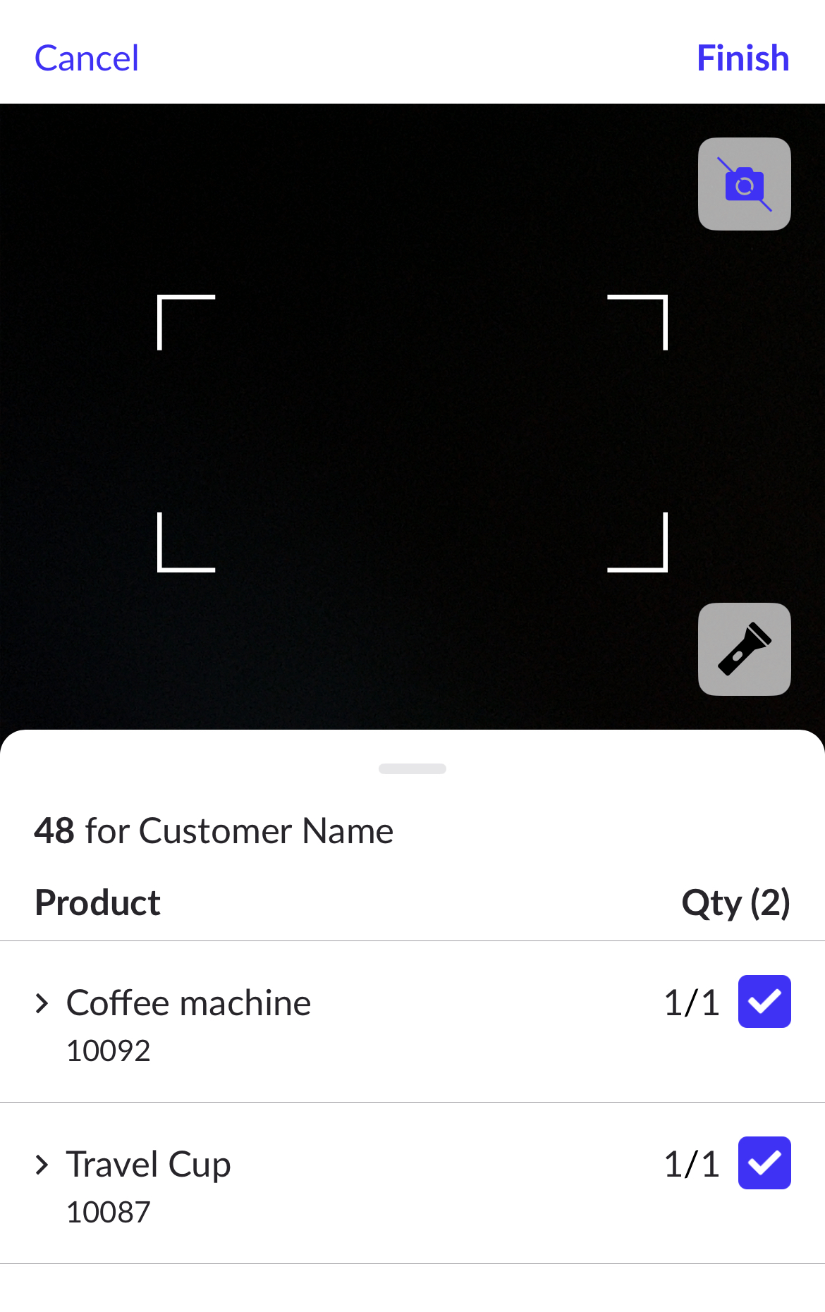 Order page showing all products picked and option to Finish.