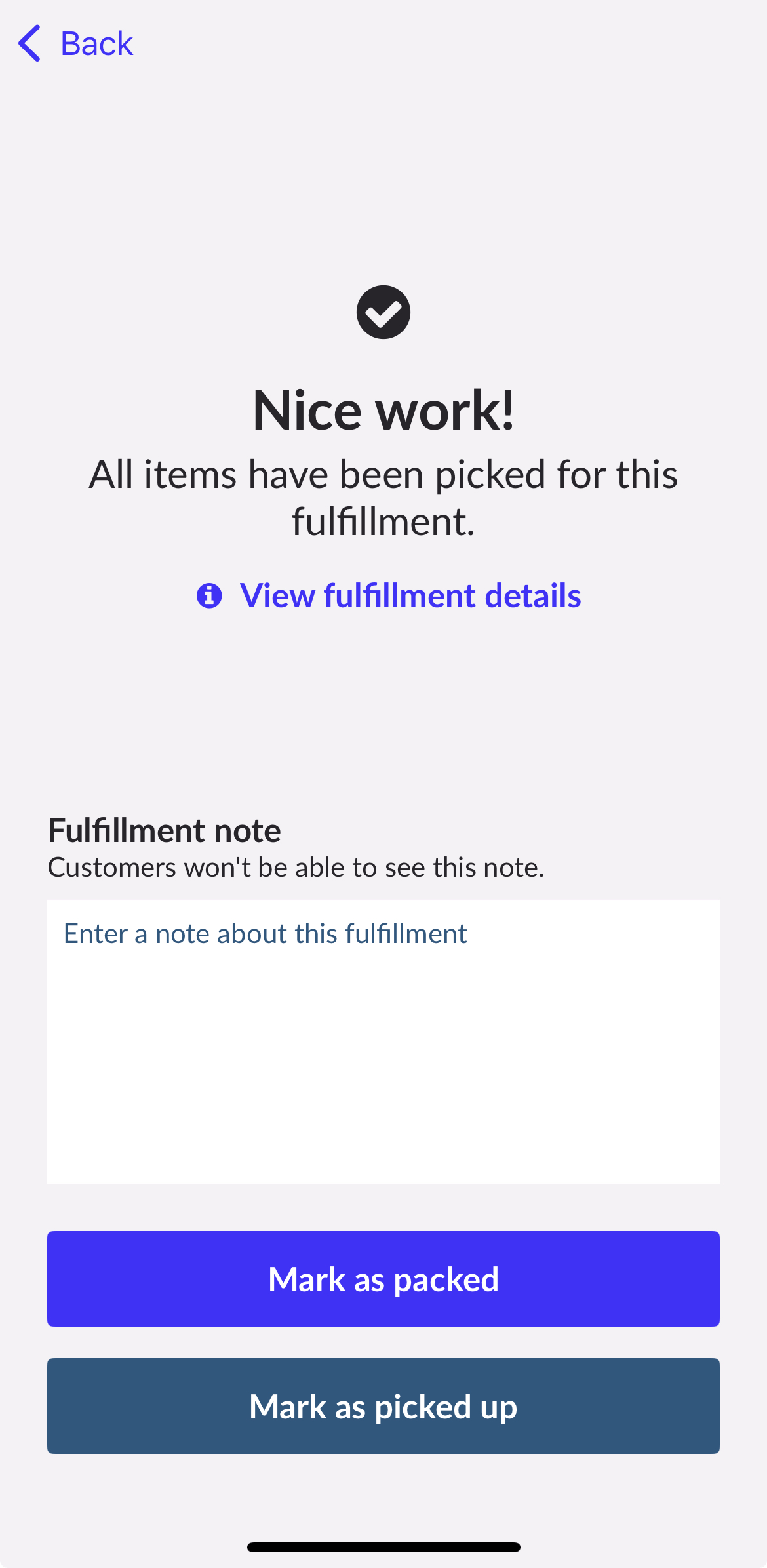 Pick completed screen with options to Mark as packed or Mark as picked up.