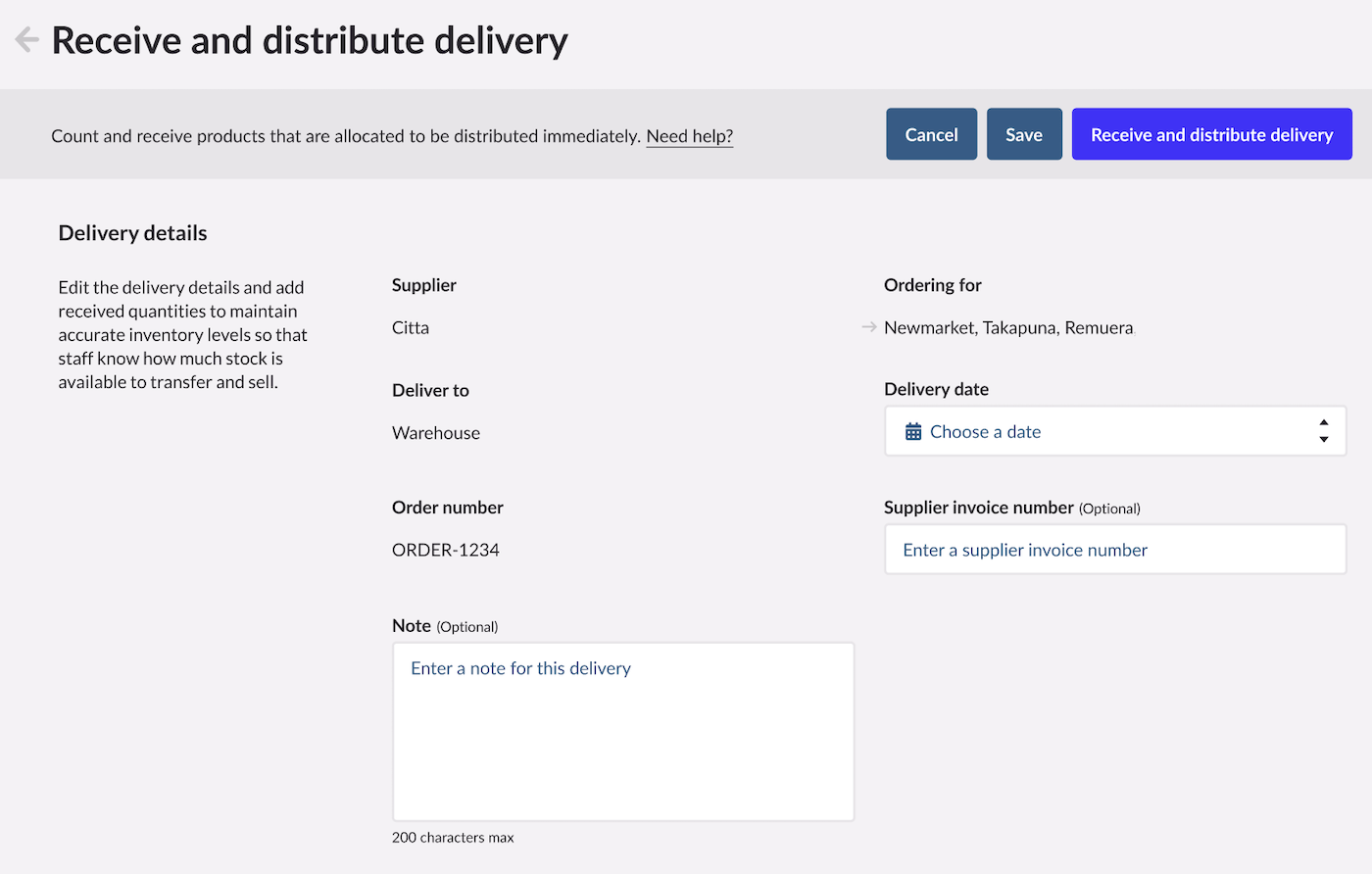 Receive and distribute delivery page with Delivery date.