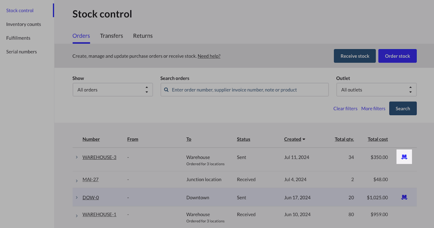 Stock control page with receive order icon highlighted.