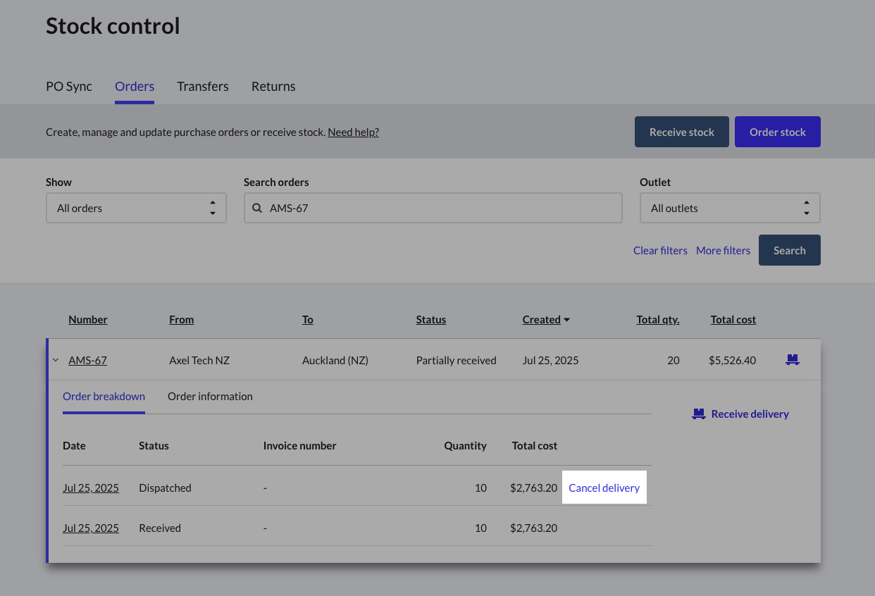 Stock control page with expanded order row and Cancel button highlighted.