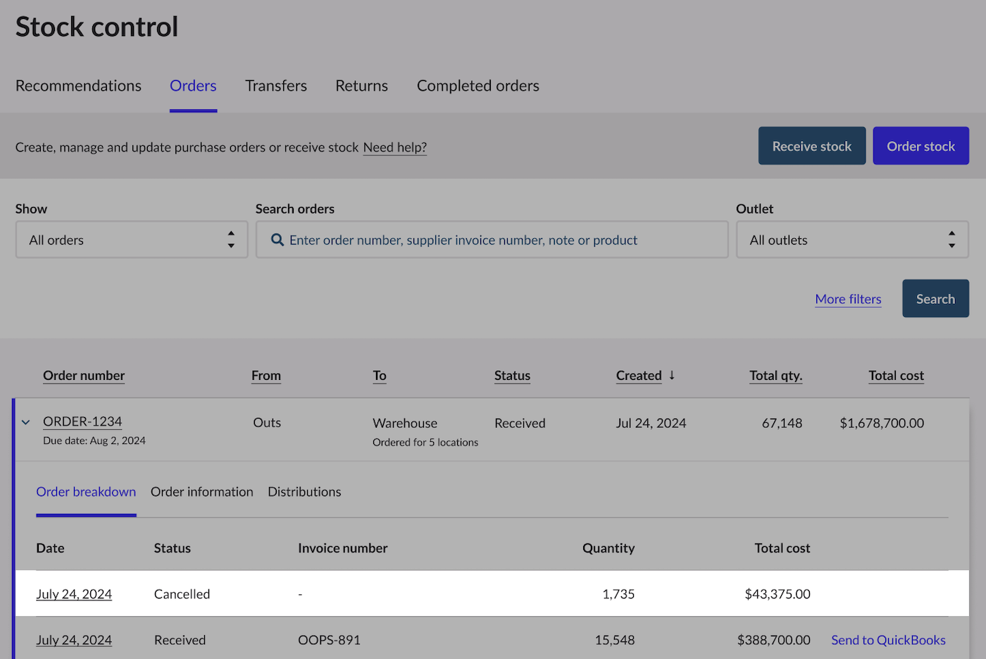 Stock control page with expanded order row and Cancelled row highlighted.