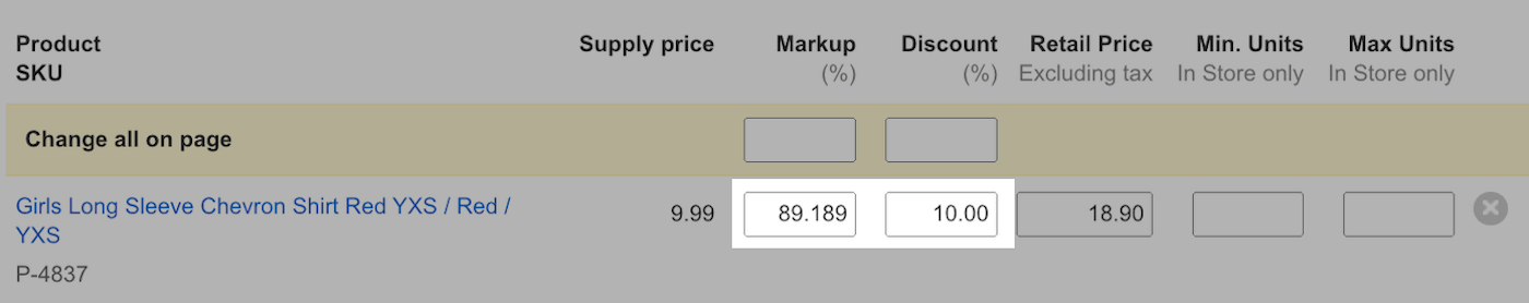Product with Markup % and Discount % fields emphasized.