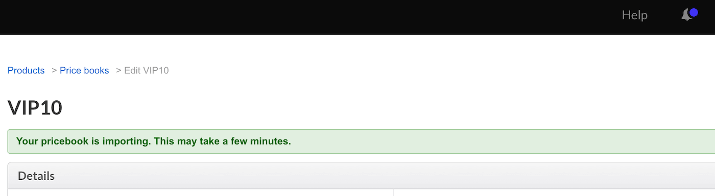 Edit price book page with temporary banner stating the price book is importing.