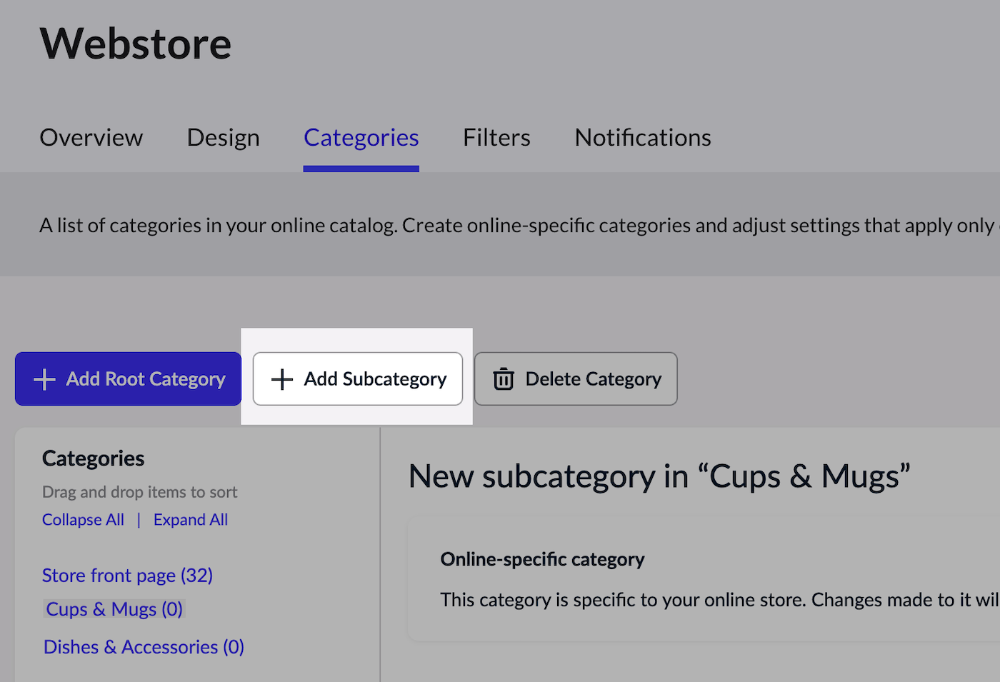 Categories tab with Add Subcategory button highlighted