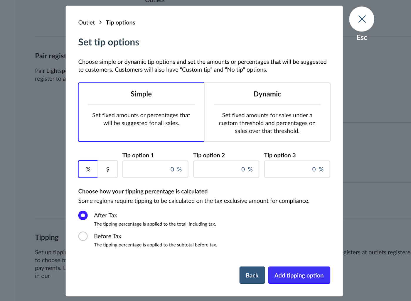 Fenêtre contextuelle Définir des options de pourboire