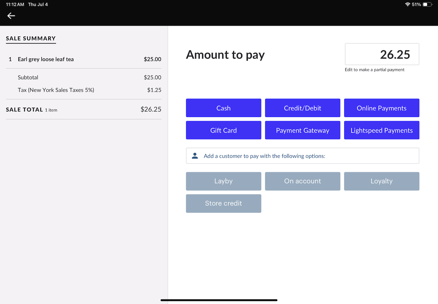 Écran de caisse affichant différents types de paiement.