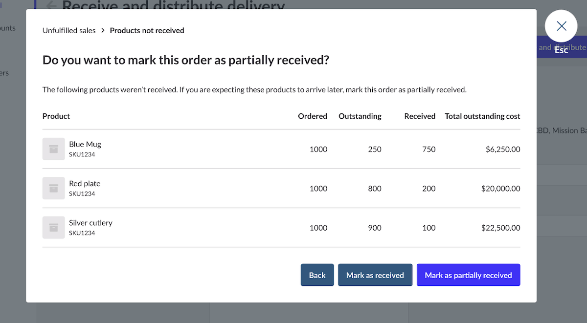 Pop-upvenster met knop Markeren als gedeeltelijk ontvangen.