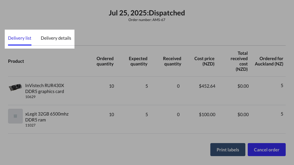 Pagina Bestelling bekijken met de tabbladen Bestellingsgegevens en Leveringsgegevens.