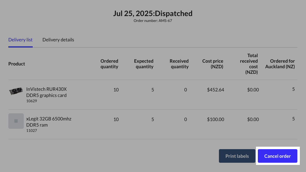 Pagina Bestelling bekijken met knop Bestelling annuleren.