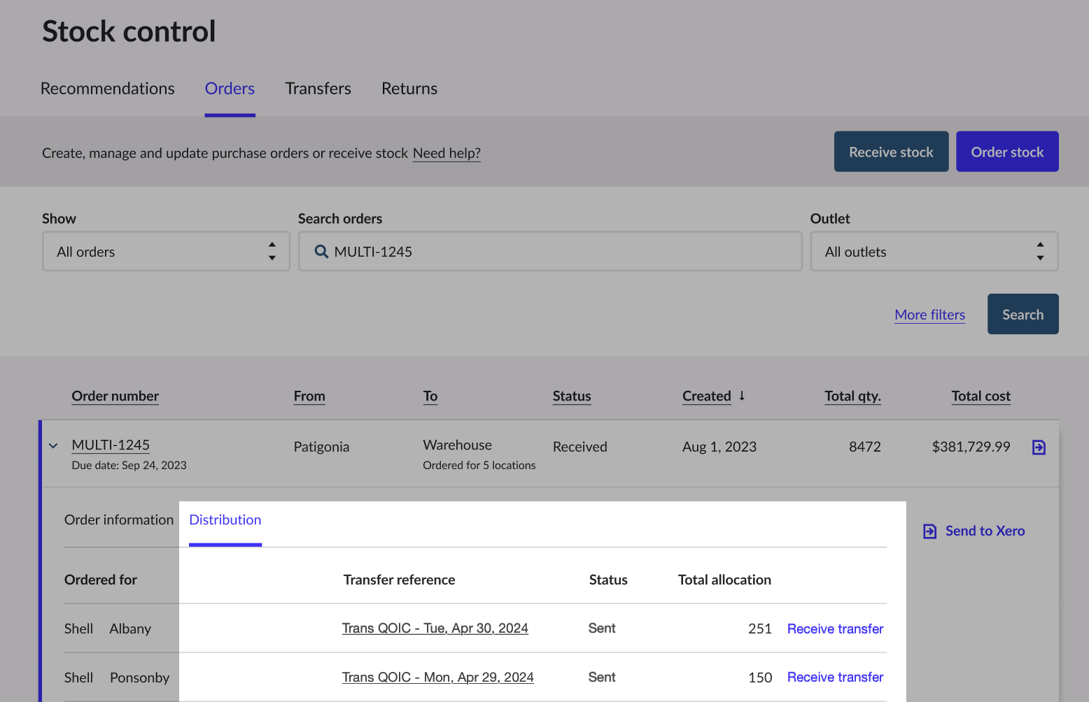 Uitgevouwen informatie voor een bestelling met tabblad Distributie.