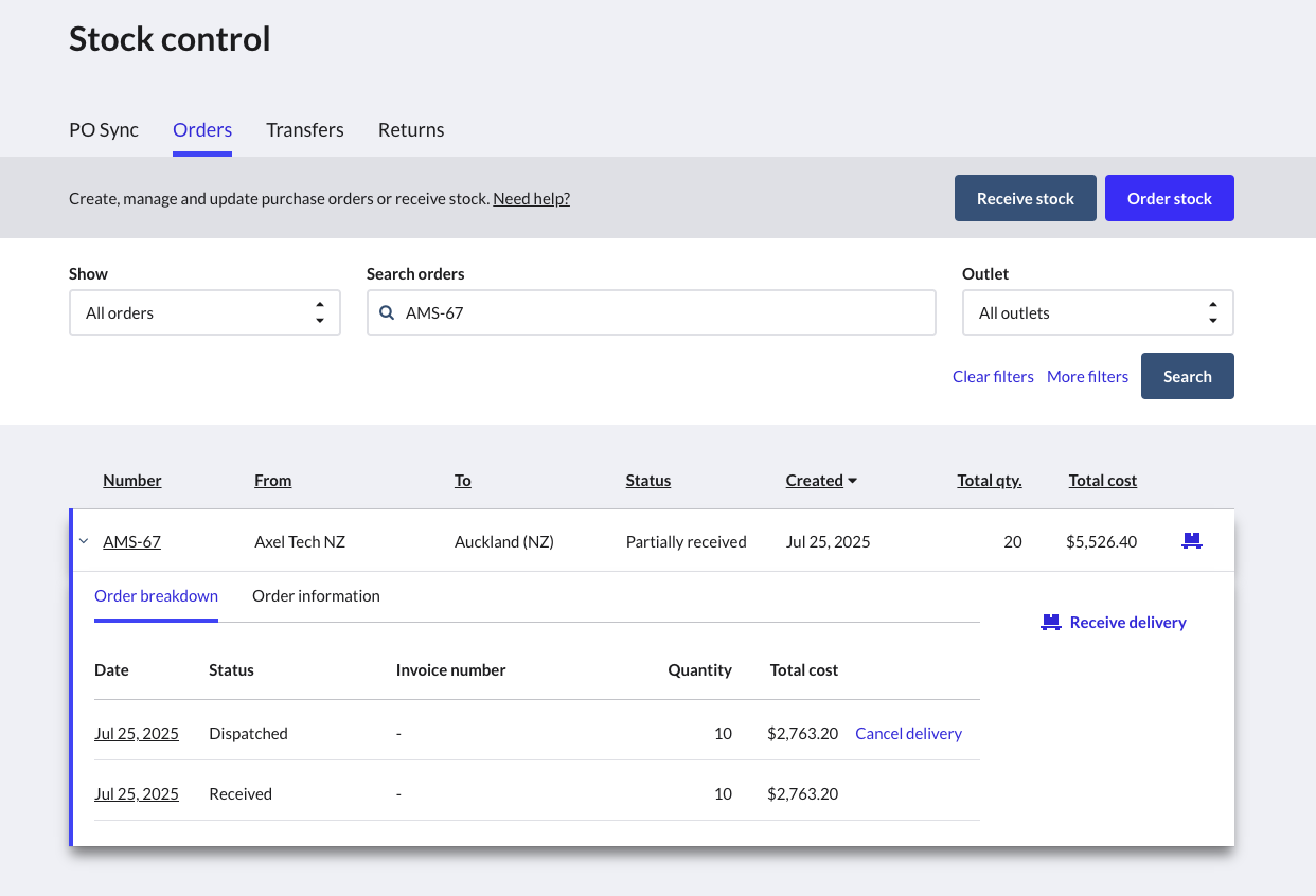 Pagina Bestellingen met het tabblad Uitsplitsing van bestelling.