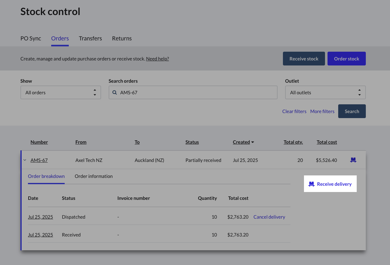 Tabblad Uitsplitsing van bestelling met de optie Levering ontvangen.