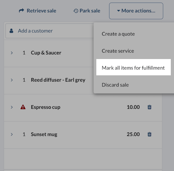 Menu déroulant More actions (plus d’actions), le bouton Marquer tous les articles comme vente à remise différée est mis en surbrillance.