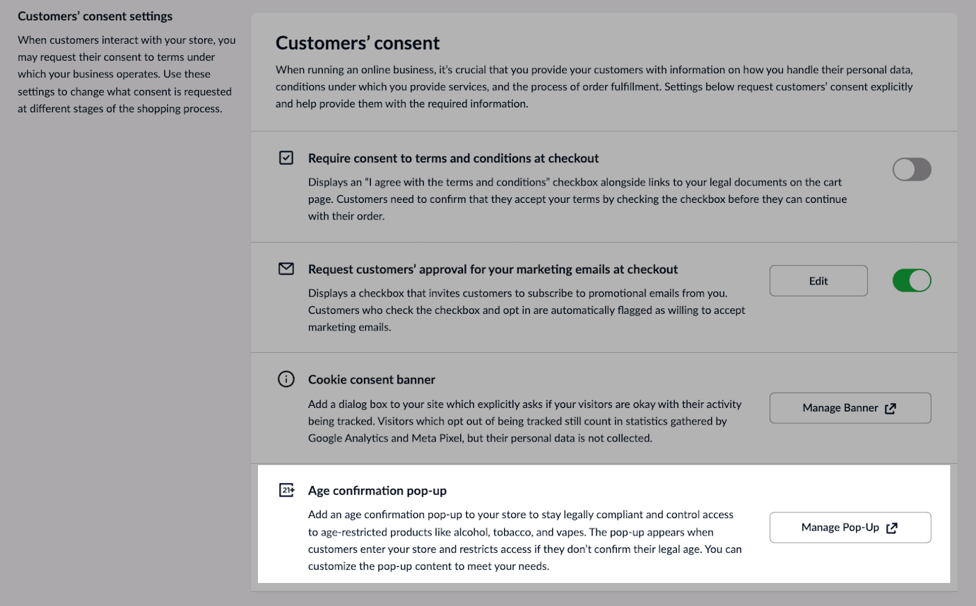 Section Consentement du client de l’arrière-boutique de Commerce électronique Lightspeed (série E), la section Fenêtre contextuelle de confirmation de l’âge est mise en surbrillance.