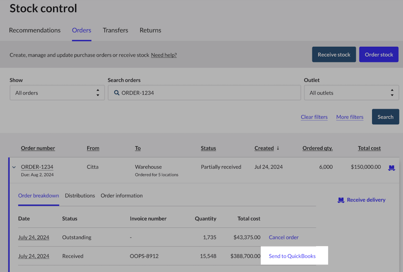 Tabblad Uitsplitsing van bestelling met de optie Verzenden naar QuickBooks.