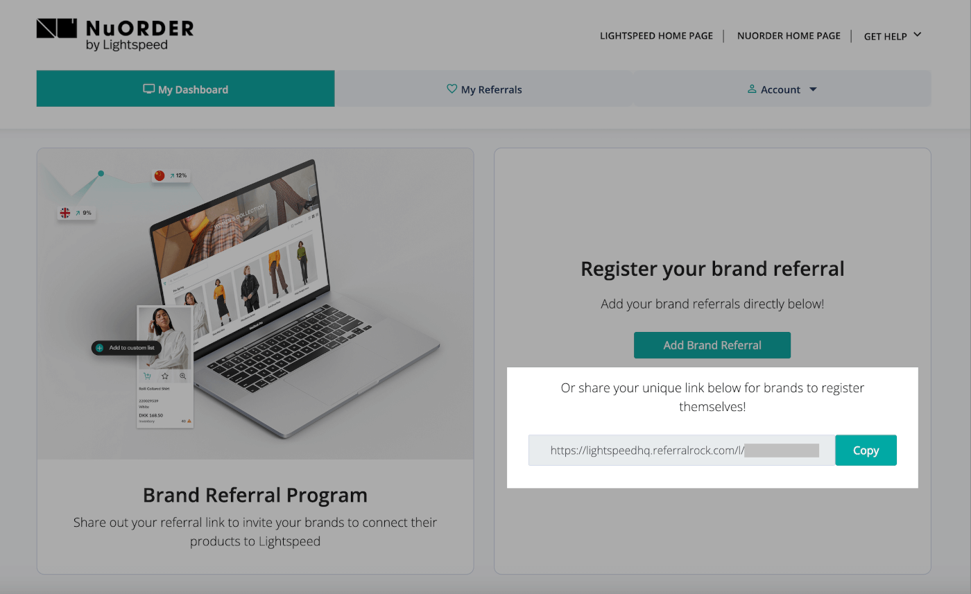 Main page of the NuORDER referral dashboard
