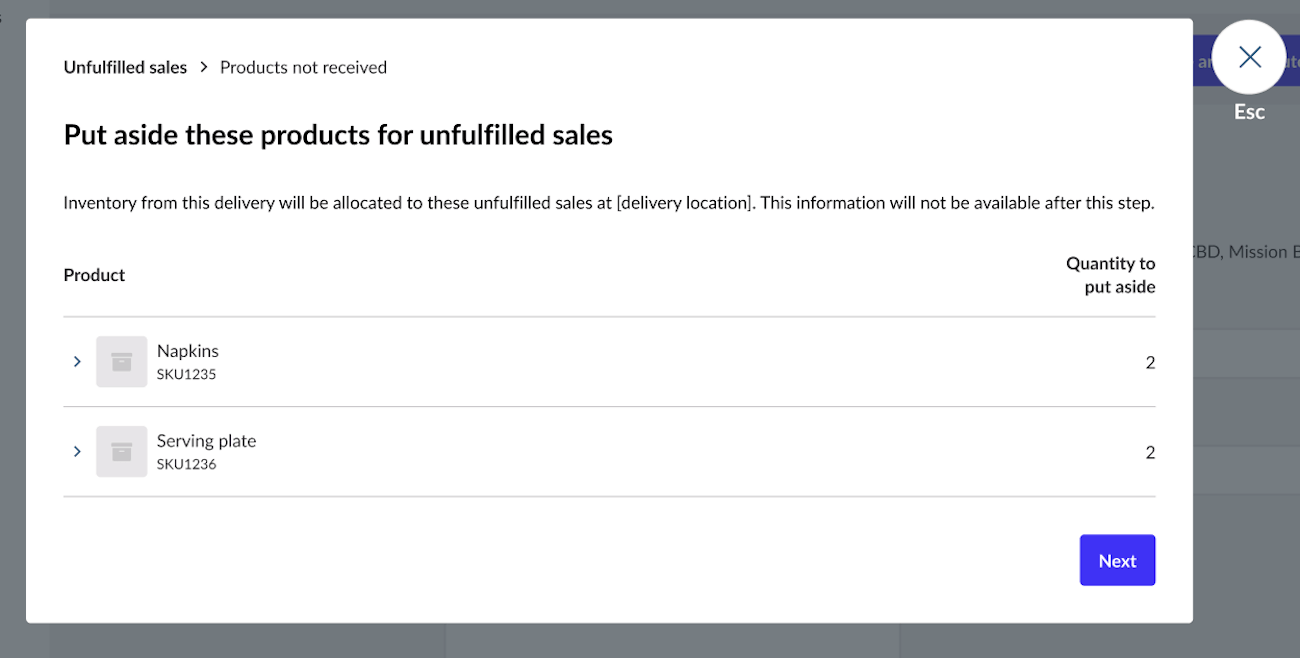 Fenêtre contextuelle indiquant les produits à mettre de côté dans le cas de ventes incomplètes.