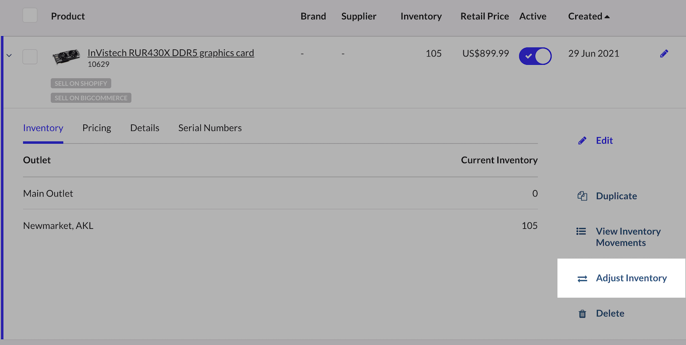 Individual product with expanded view open and Adjust Inventory emphasized.