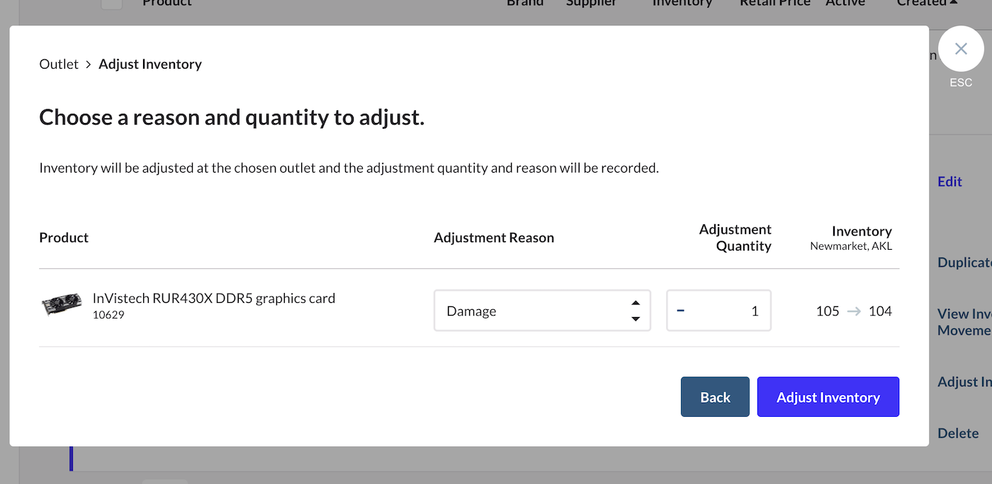 Choose reason and quantity to adjust pop-up with Adjustment Reason chosen, Adjustment Quantity field filled in, and options to go Back or Adjust Inventory.