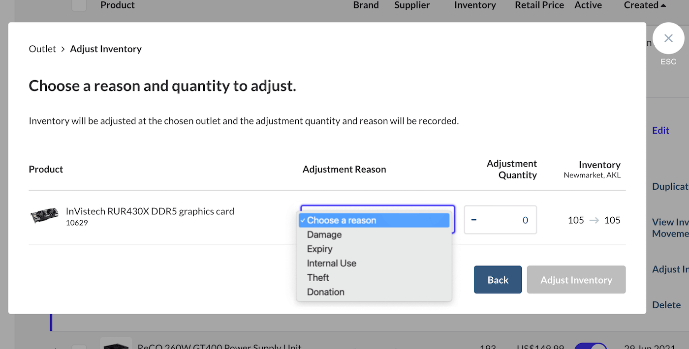 Choose reason and quantity to adjust pop-up.