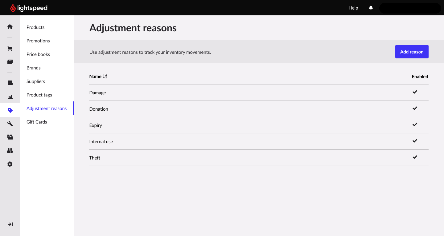 Adjustment reasons page.