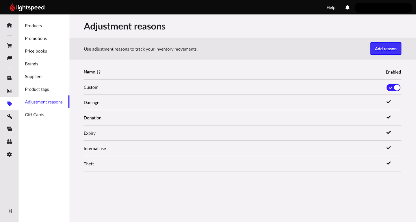 Adjustment reasons page with Custom adjustment reason shown and toggled on.