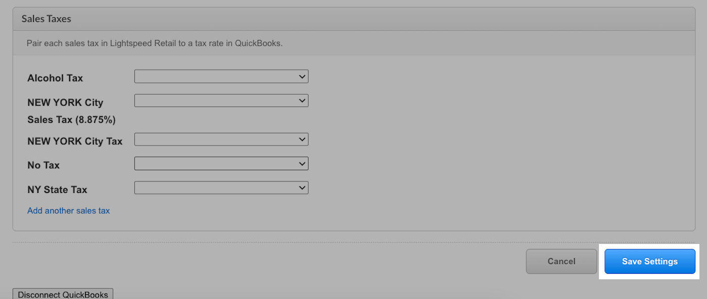Page des paramètres QuickBooks, le bouton Enregistrer les paramètres est mis en surbrillance.