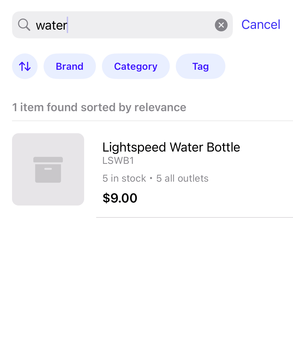 Product search field showing specific product.