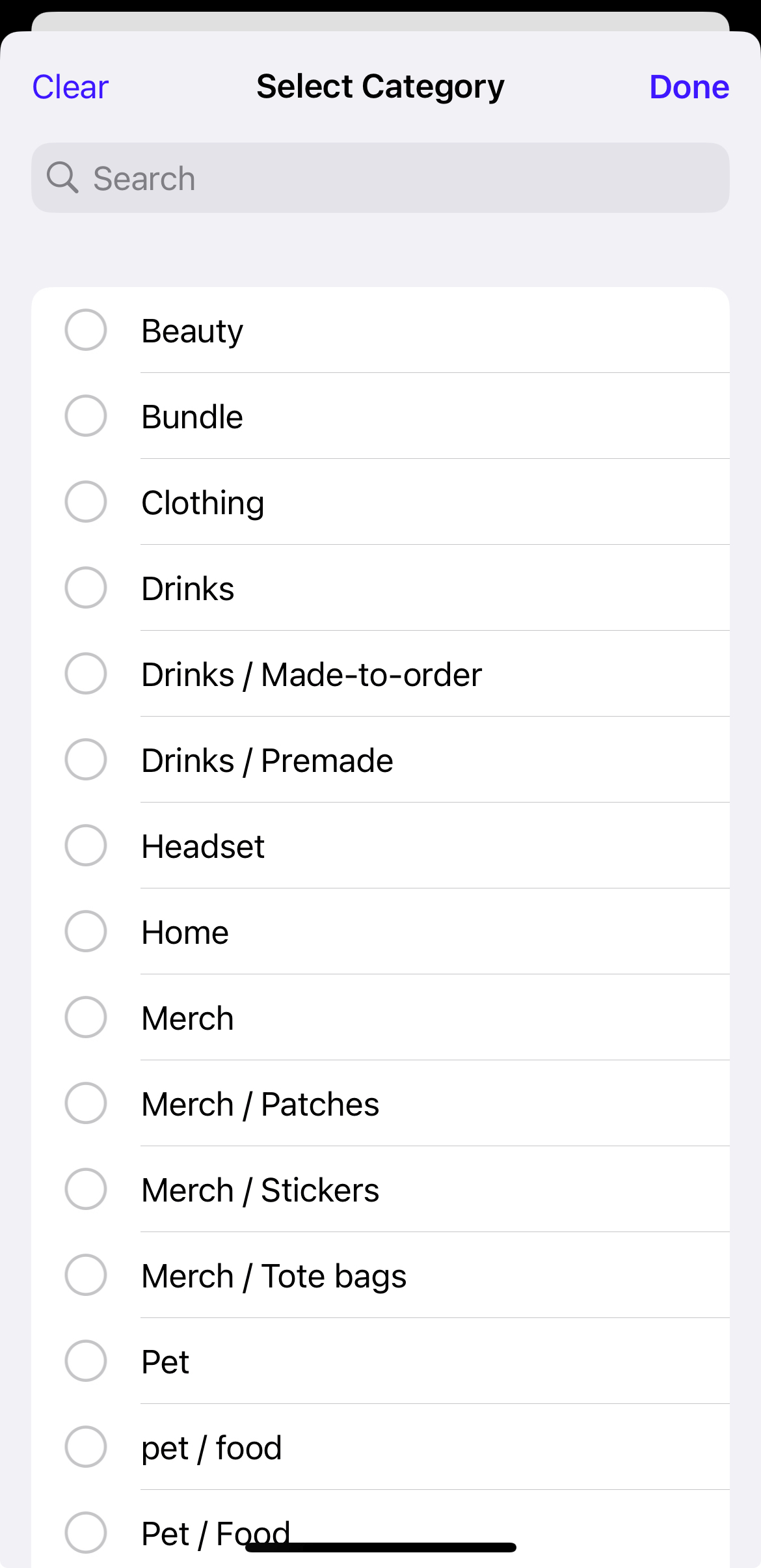 Category search filter listing available categories.