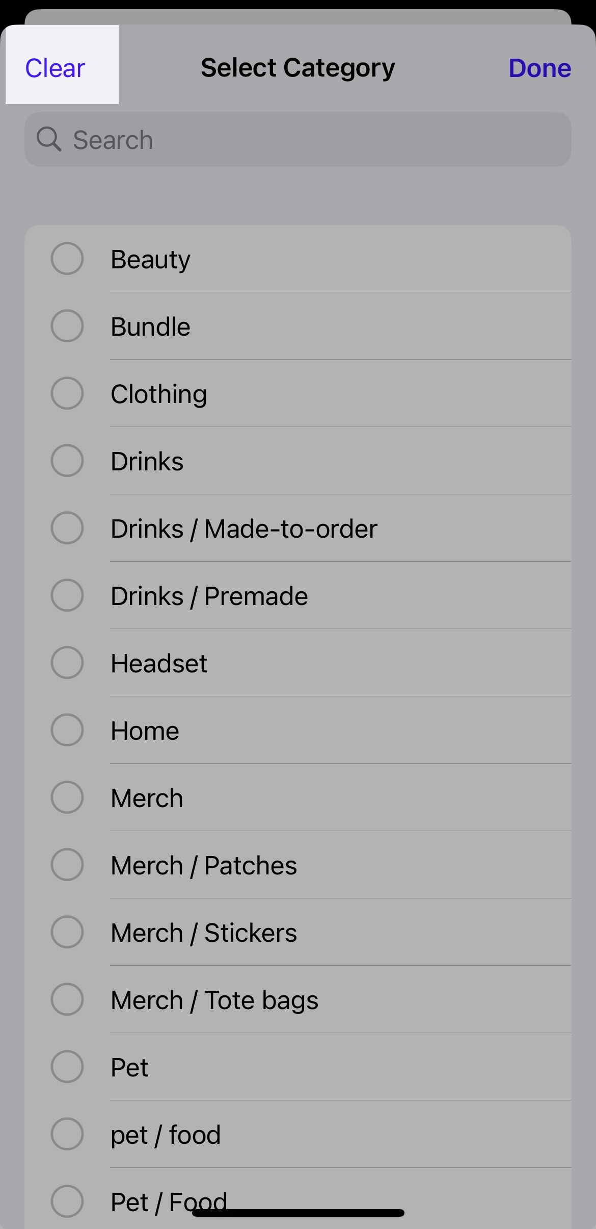 Category search filter with Clear option emphasized.